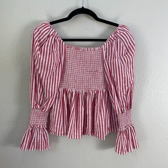 Cinq À Sept Womens XS Tous Les Jours Red White Adly Stripe Smocked Top Blouse - Picture 7 of 7
